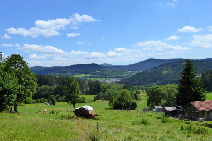 Blick von Innenried auf die Berge des Bayerischen Waldes